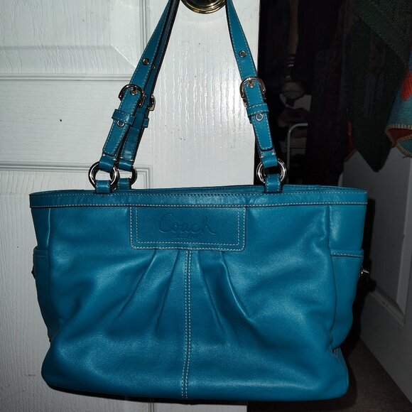 Coach Azure Teal Leather Pleated Gallery Tote F12759 - Picture 4 of 5